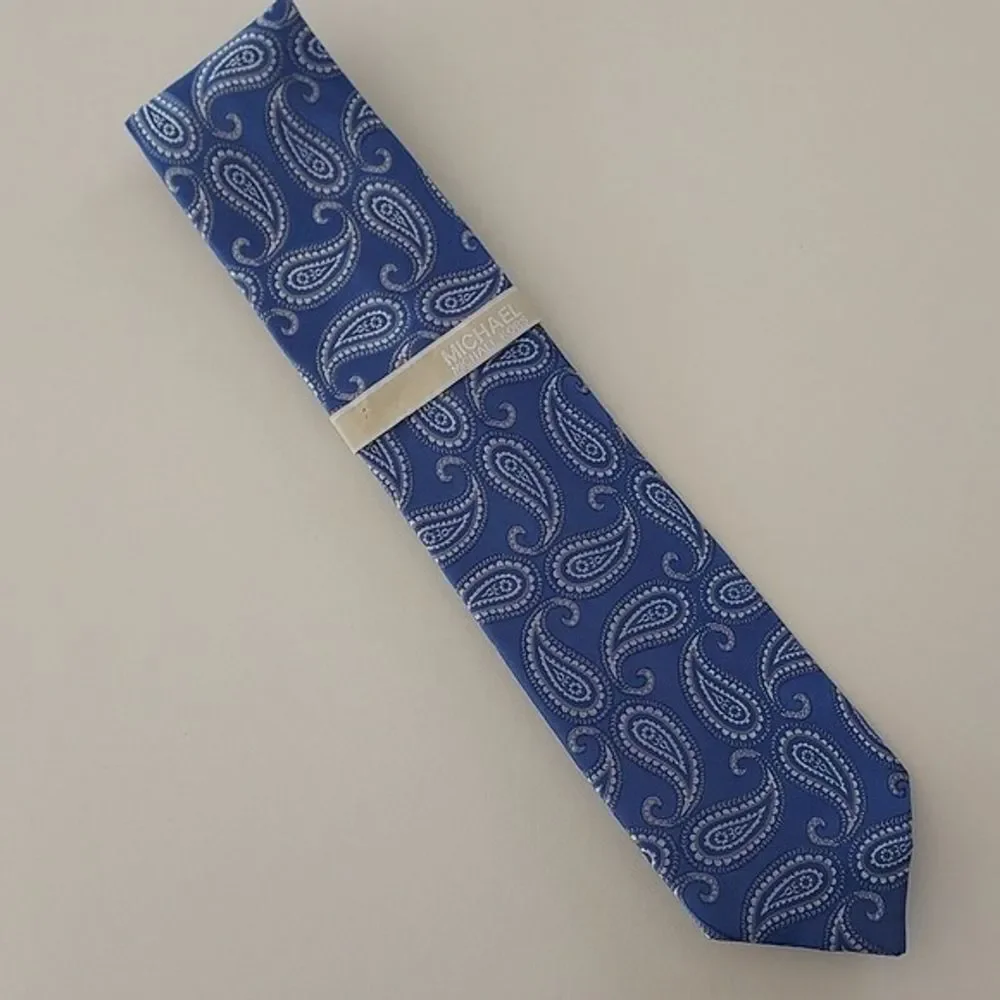 Michael Michael Kors 100% Silk Core Paisley Men's Tie Blue White Silver Gray NWT